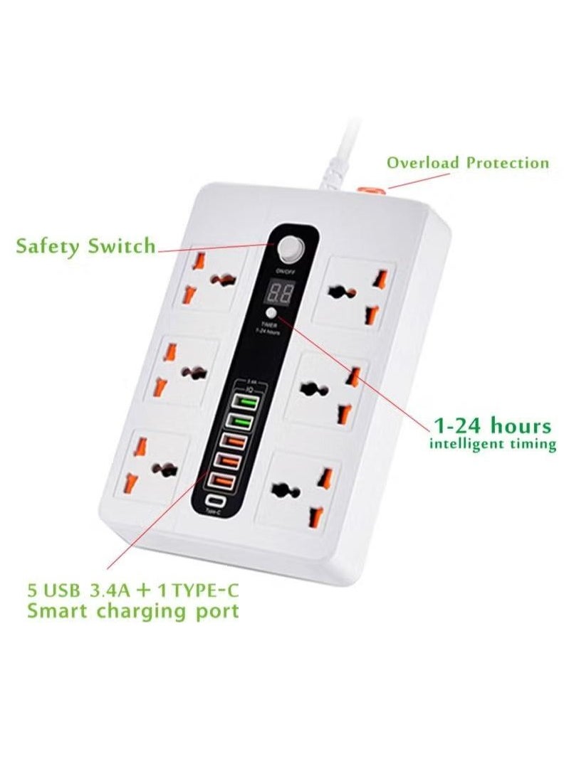 XiuWoo - 2 Meter Universal Socket, Charging USB Socket Timing Function Extension Plug, white - Image 1