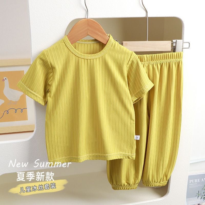 Summer Children'S Ice Silk Short-Sleeve Set For Boys And Girls, Thin Loungewear, Baby Pajamas, Sleep Pants, Air Conditioning Clothing, Cuffed Pants - Image 4
