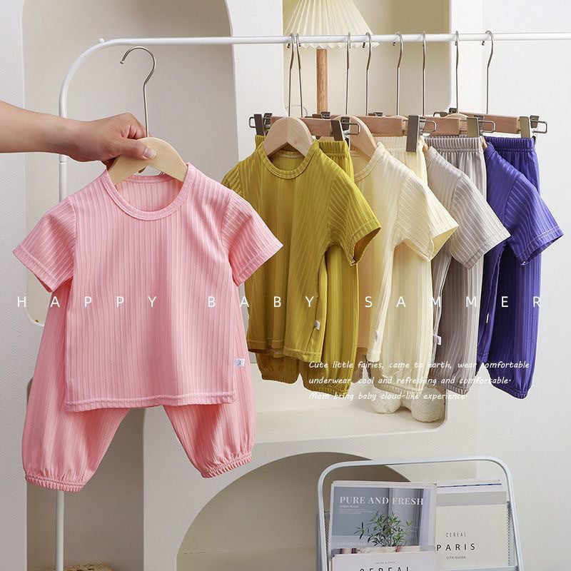Summer Children'S Ice Silk Short-Sleeve Set For Boys And Girls, Thin Loungewear, Baby Pajamas, Sleep Pants, Air Conditioning Clothing, Cuffed Pants - Image 5