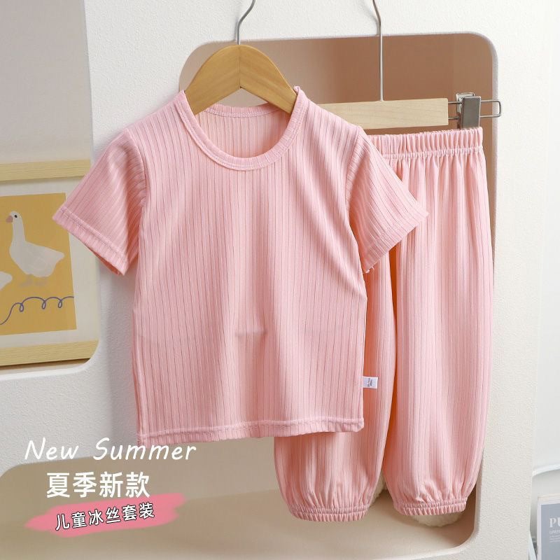 Summer Children'S Ice Silk Short-Sleeve Set For Boys And Girls, Thin Loungewear, Baby Pajamas, Sleep Pants, Air Conditioning Clothing, Cuffed Pants - Image 2