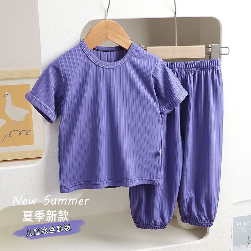 Summer Children'S Ice Silk Short-Sleeve Set For Boys And Girls, Thin Loungewear, Baby Pajamas, Sleep Pants, Air Conditioning Clothing, Cuffed Pants - Image 1