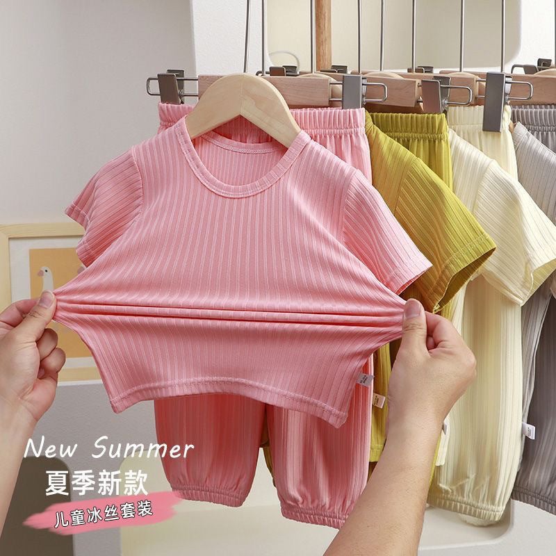 Summer Children'S Ice Silk Short-Sleeve Set For Boys And Girls, Thin Loungewear, Baby Pajamas, Sleep Pants, Air Conditioning Clothing, Cuffed Pants - Image 3
