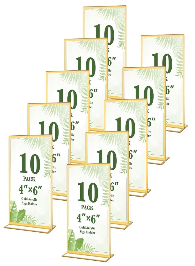 Alffun 10 Pack Gold Acrylic Sign Holders 4x6 Inch, Double Sided Vertical Stand Clear Picture Frames, Table Menu Display Holders for Wedding Table Numbers, Restaurant Signs, Party and Office Photos - Image 1
