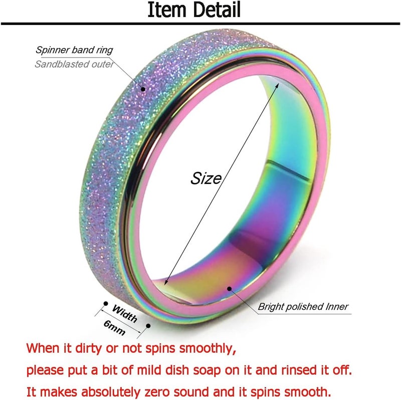 OreilleStar Titanium Stainless Steel Anxiety Ring for Women Men Fidget Spinner Ring, Size 6-12, Width 6MM, 5-Color: Rose Gold-Rainbow-Silver-Black-Blue - Image 2