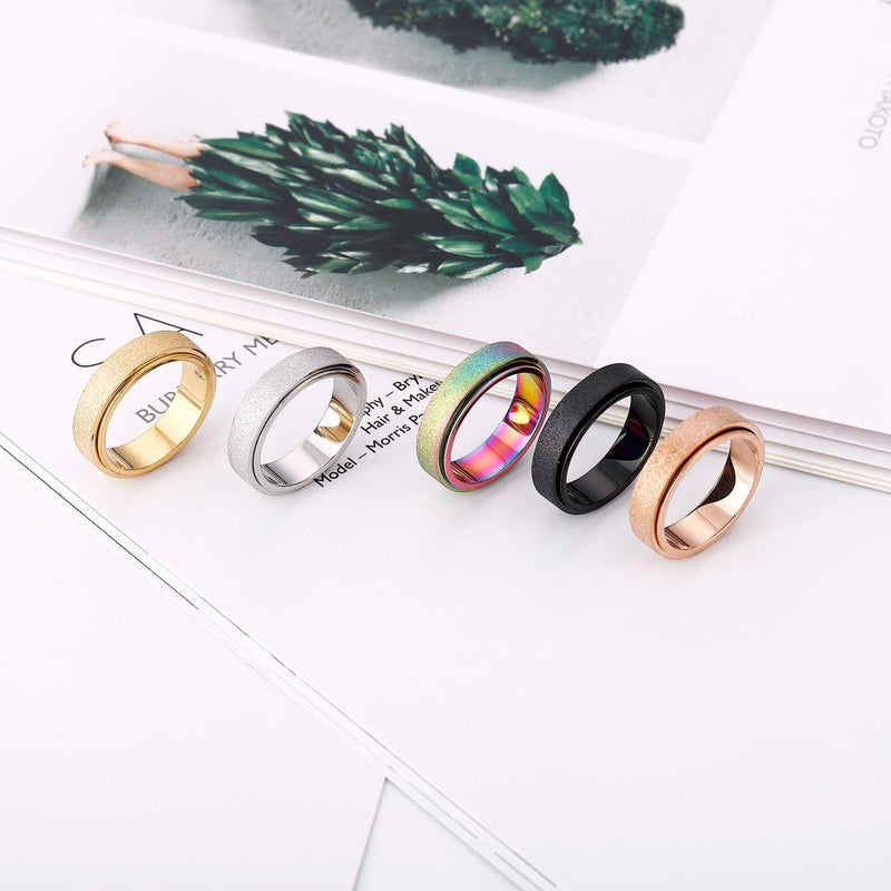 OreilleStar Titanium Stainless Steel Anxiety Ring for Women Men Fidget Spinner Ring, Size 6-12, Width 6MM, 5-Color: Rose Gold-Rainbow-Silver-Black-Blue - Image 5