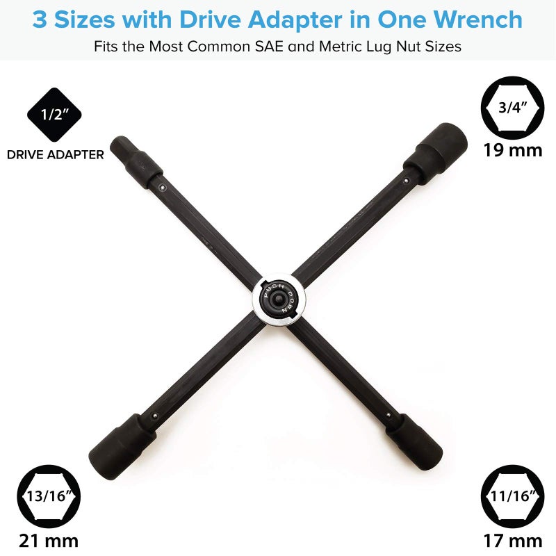 RockTrix 14" 4-Way Adjustable Sliding Cross Lug Wrench for Tire Changing Bolt Nut Removal, Fits SAE Metric Lug Sizes 17mm 11/16" 19mm 3/4" 21mm 13/16" Black, Collapses for Compact Storage - Image 3
