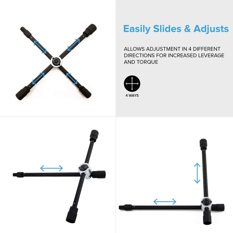 RockTrix 14" 4-Way Adjustable Sliding Cross Lug Wrench for Tire Changing Bolt Nut Removal, Fits SAE Metric Lug Sizes 17mm 11/16" 19mm 3/4" 21mm 13/16" Black, Collapses for Compact Storage - Image 2