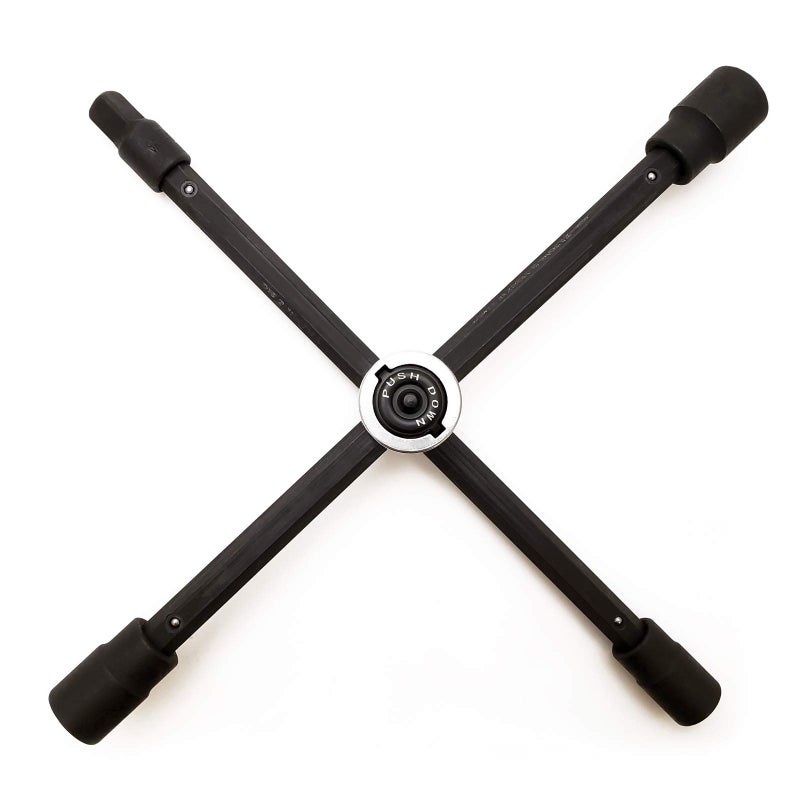 RockTrix 14" 4-Way Adjustable Sliding Cross Lug Wrench for Tire Changing Bolt Nut Removal, Fits SAE Metric Lug Sizes 17mm 11/16" 19mm 3/4" 21mm 13/16" Black, Collapses for Compact Storage - Image 1