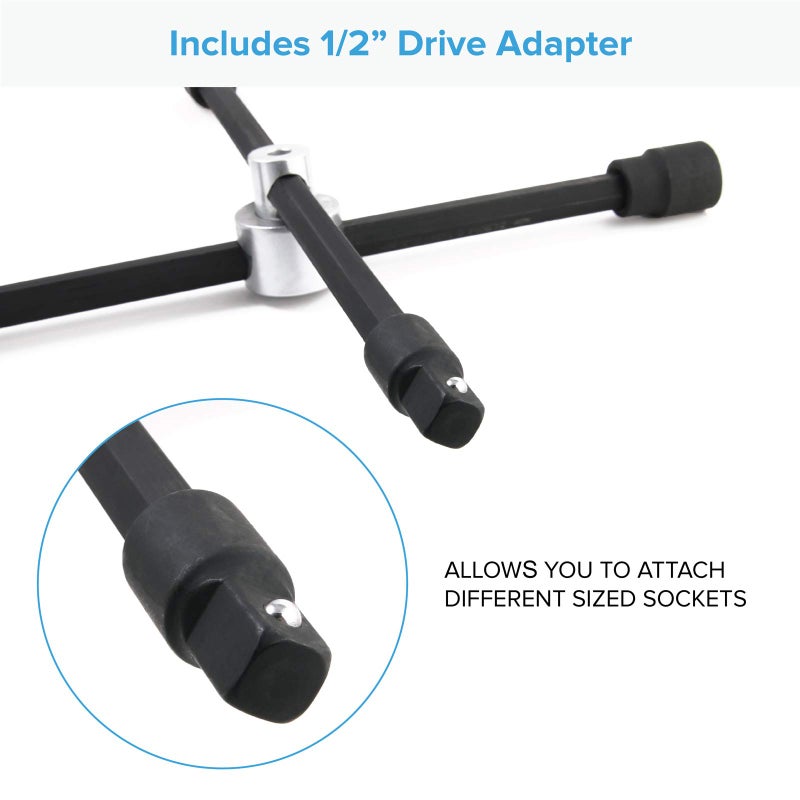 RockTrix 14" 4-Way Adjustable Sliding Cross Lug Wrench for Tire Changing Bolt Nut Removal, Fits SAE Metric Lug Sizes 17mm 11/16" 19mm 3/4" 21mm 13/16" Black, Collapses for Compact Storage - Image 4