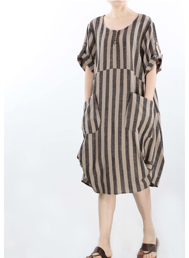 LaovanIn Women's Plus Size Tunic Dress Summer Cotton Linen T Shirt Knee-Length Dresses, Black-brown Stripe, M - Image 3