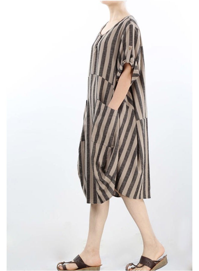 LaovanIn Women's Plus Size Tunic Dress Summer Cotton Linen T Shirt Knee-Length Dresses, Black-brown Stripe, M - Image 2