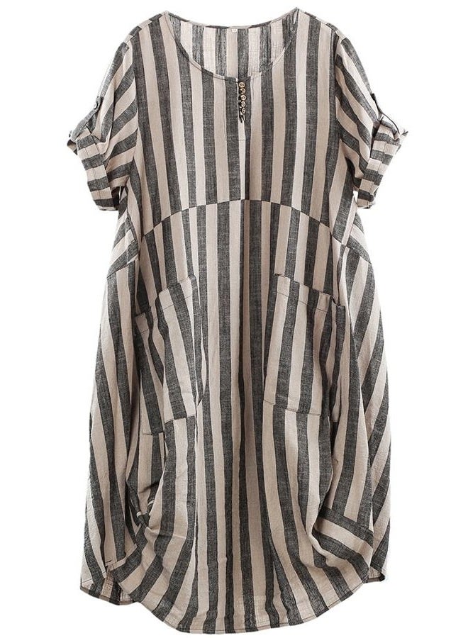 LaovanIn Women's Plus Size Tunic Dress Summer Cotton Linen T Shirt Knee-Length Dresses, Black-brown Stripe, M - Image 1