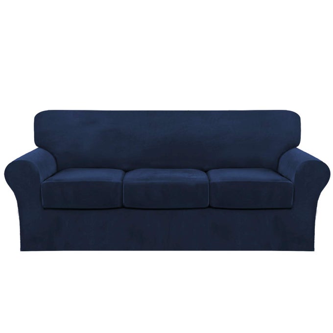 4 PIECE SOFA VELVET COUCH COVERS FOR 3 CUSHION STRETCH SLIPCOVER WITH INDIVIDUAL SEAT CUSHION ELASTIC FURNITURE PROTECTOR FOR PETS MACHINE WASHABLE SOFA NAVY