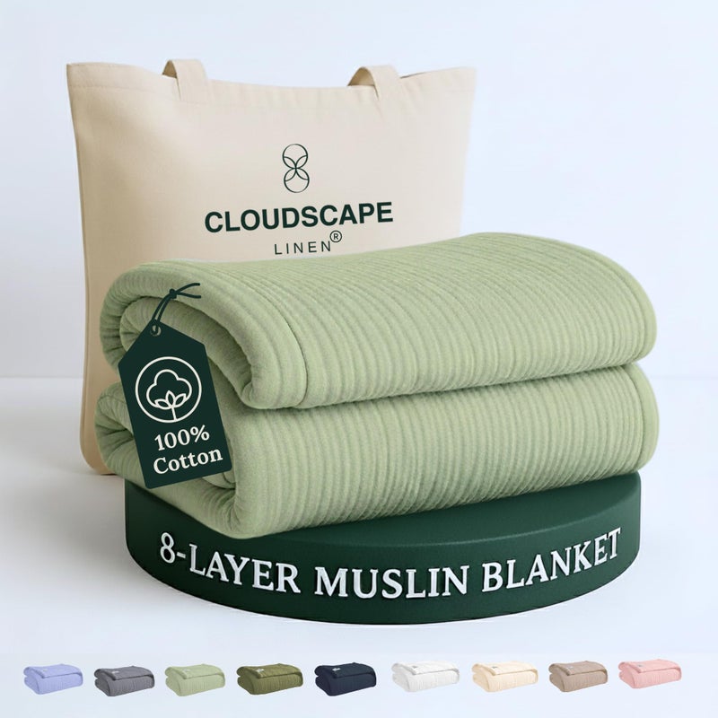 Cloud Scape Linen 8Layer Muslin Blanket Queen Size  100 Cotton Soft and Breathable Oversized Winter Blanket Fits up to Full Size Bed 92x92 Seafoam
