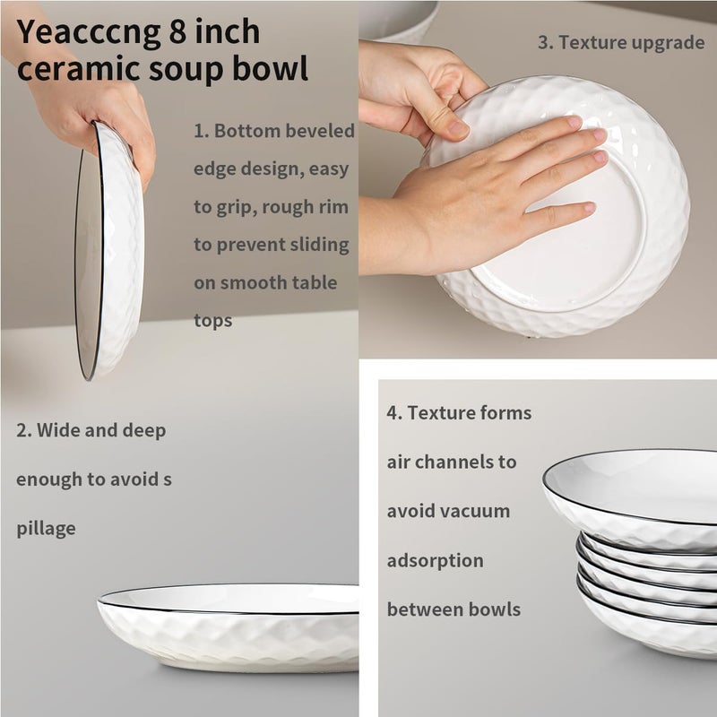 Yeacccng White Pasta Bowls Set of 6, 24oz Ceramic Salad Bowls, 8 inch Shallow Serving Bowls for Pasta, Salad, Oatmeal, Fruit, Easy to Clean, Dishwasher & Microwave Safe, Scratch-Resistant, Lead-Free - Image 3