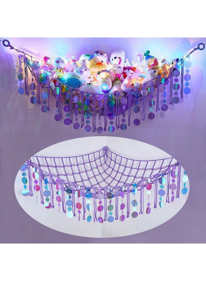 FIOBEE Stuffed Animals Hammock Net Toy Storage Organizer With Led Light Stuffed Animals Storage Girls Room Décor Wall Hanging With Sequins For Kids Bedroom Nursery Playroom Purple - Image 1