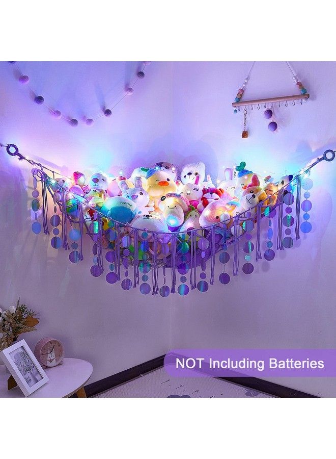 FIOBEE Stuffed Animals Hammock Net Toy Storage Organizer With Led Light Stuffed Animals Storage Girls Room Décor Wall Hanging With Sequins For Kids Bedroom Nursery Playroom Purple - Image 4