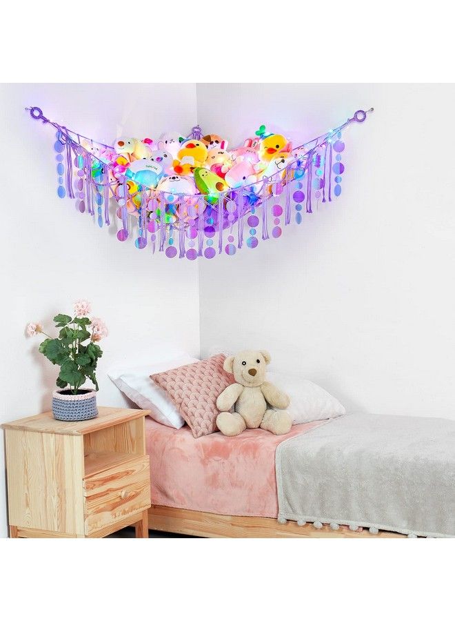 FIOBEE Stuffed Animals Hammock Net Toy Storage Organizer With Led Light Stuffed Animals Storage Girls Room Décor Wall Hanging With Sequins For Kids Bedroom Nursery Playroom Purple - Image 5