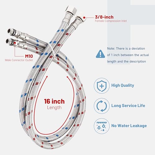 BWE 16-Inch Long Bathroom Kitchen Faucet Connector Braided Stainless Steel Supply Hose 3/8-Inch Female Compression Thread x M10 Male Connector, x 2 Pcs (1 Pair - Image 2
