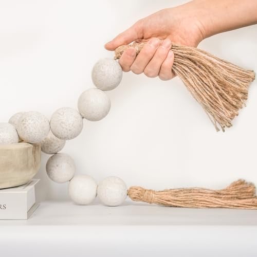RUIRUICO Extra Large Wood Bead Garland with 1.6" Diameter Wooden Beads and Tassels, Decorative Beads Home Decor, Farmhouse Beads Decor (Rustic White, 41 Inches) - Image 1