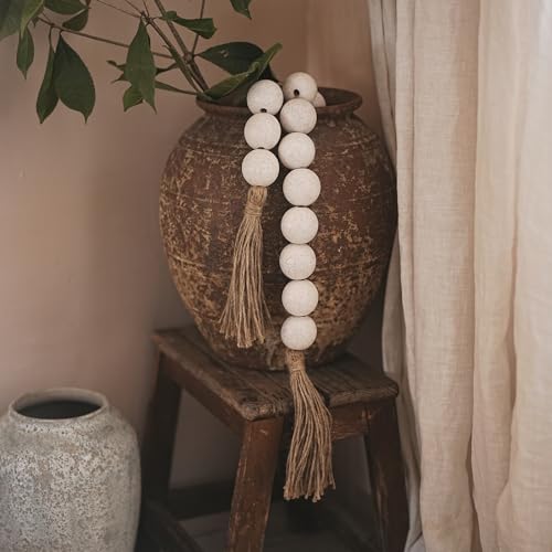 RUIRUICO Extra Large Wood Bead Garland with 1.6" Diameter Wooden Beads and Tassels, Decorative Beads Home Decor, Farmhouse Beads Decor (Rustic White, 41 Inches) - Image 3
