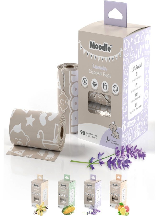 moodie Diaper Disposal Bags (90 BAGS in TOTAL) | LAVENDER SCENTED Baby Poop Baggies (6 Refill Rolls 9 x 13in) | Leak Proof Nappy Trash Bag for Quick Changes on the Go - Image 1