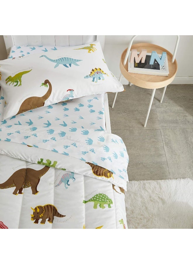 UOZZI BEDDING 4 Pieces Toddler Set Dinosaur White with Colorful Dinos and Monsters Toddler Comforter Sheet Set for Autumn and Winter - Image 5