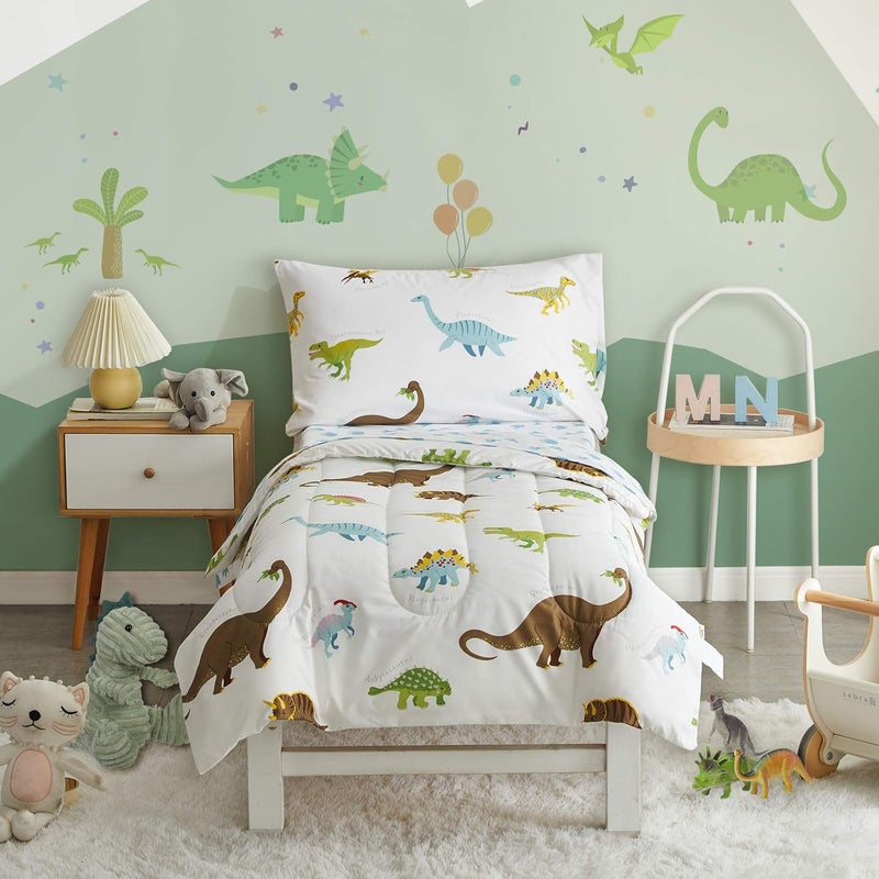 UOZZI BEDDING 4 Pieces Toddler Set Dinosaur White with Colorful Dinos and Monsters Toddler Comforter Sheet Set for Autumn and Winter - Image 1