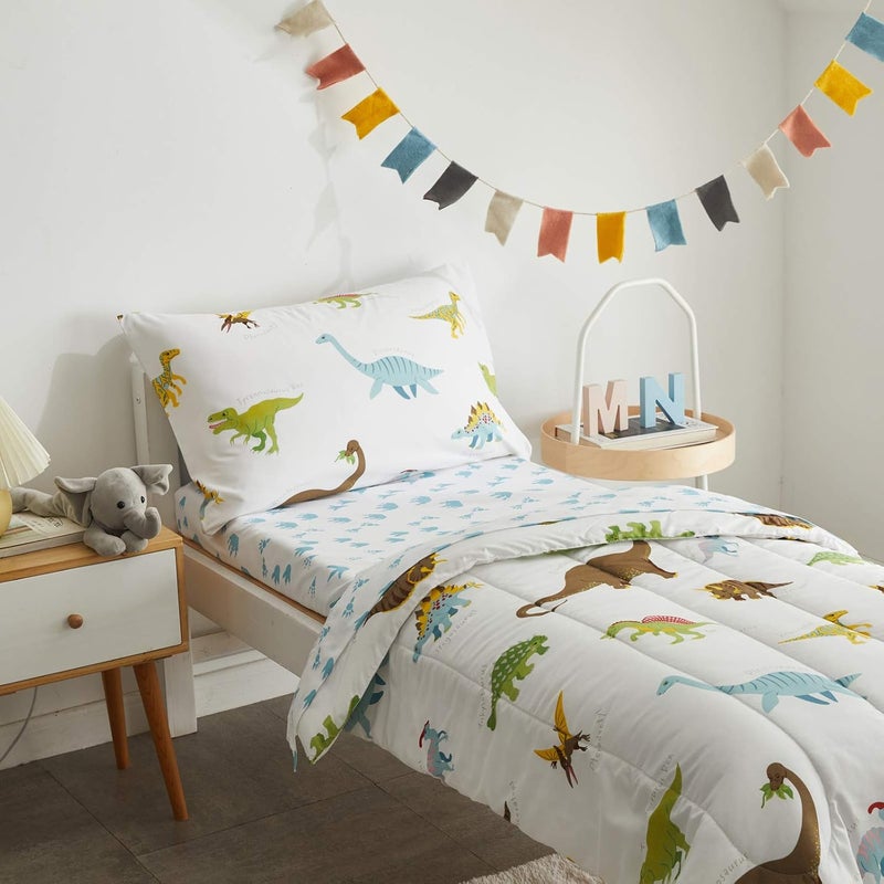 UOZZI BEDDING 4 Pieces Toddler Set Dinosaur White with Colorful Dinos and Monsters Toddler Comforter Sheet Set for Autumn and Winter - Image 3