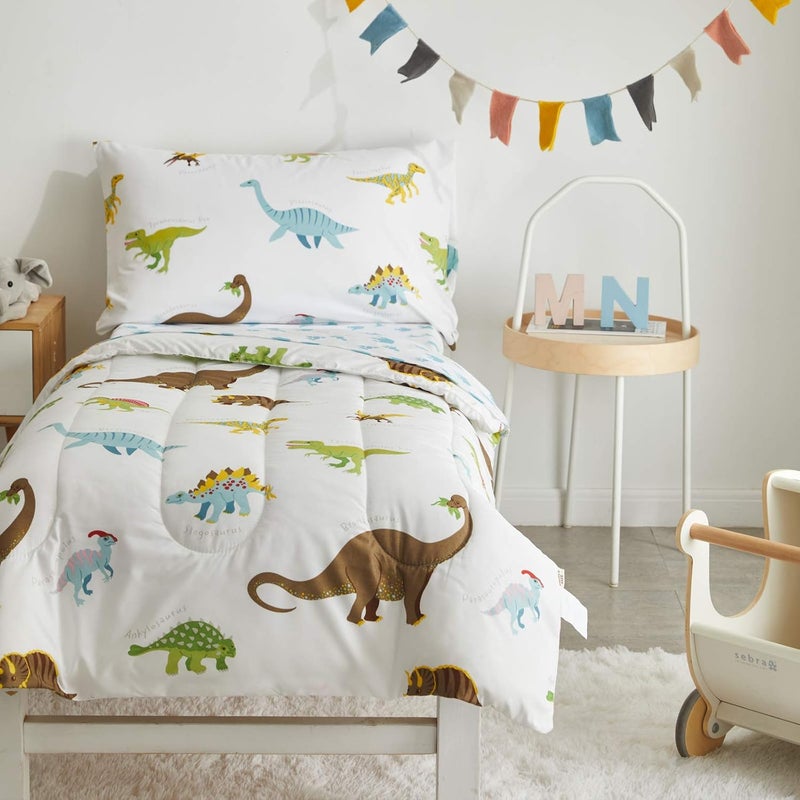 UOZZI BEDDING 4 Pieces Toddler Set Dinosaur White with Colorful Dinos and Monsters Toddler Comforter Sheet Set for Autumn and Winter - Image 2