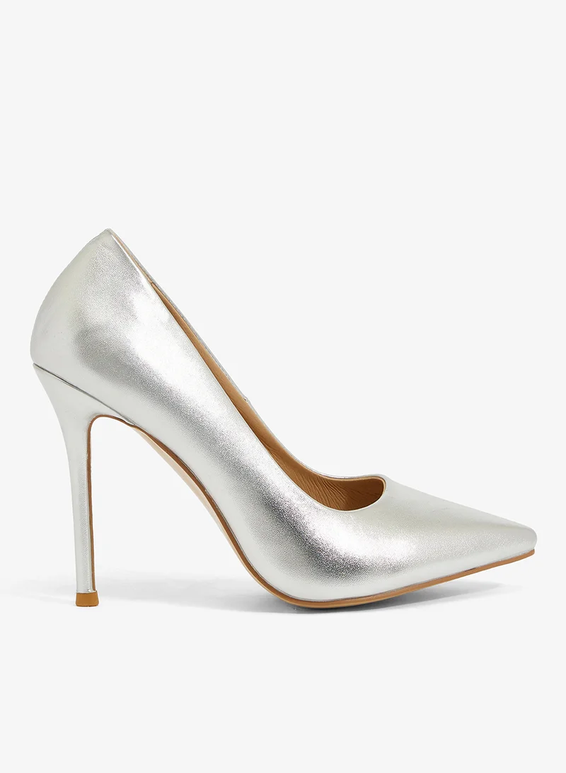 silver PU stiletto, pointed toe pump