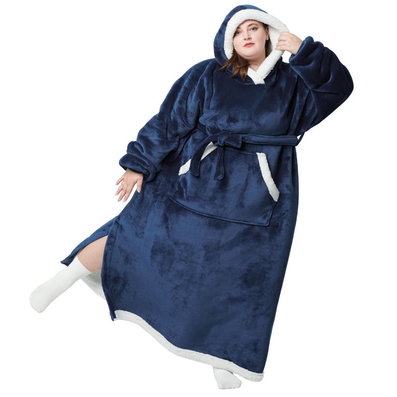 Bedsure Bedsure Oversized Wearable Blanket Hoodie - Long Sherpa Fleece Hooded Blanket for Adult Women Men  Warm Cozy Big Blanket Sweatshirt with Giant Pocket and Belt  Winter Gifts for Men  Oversize  Navy  - Image 1