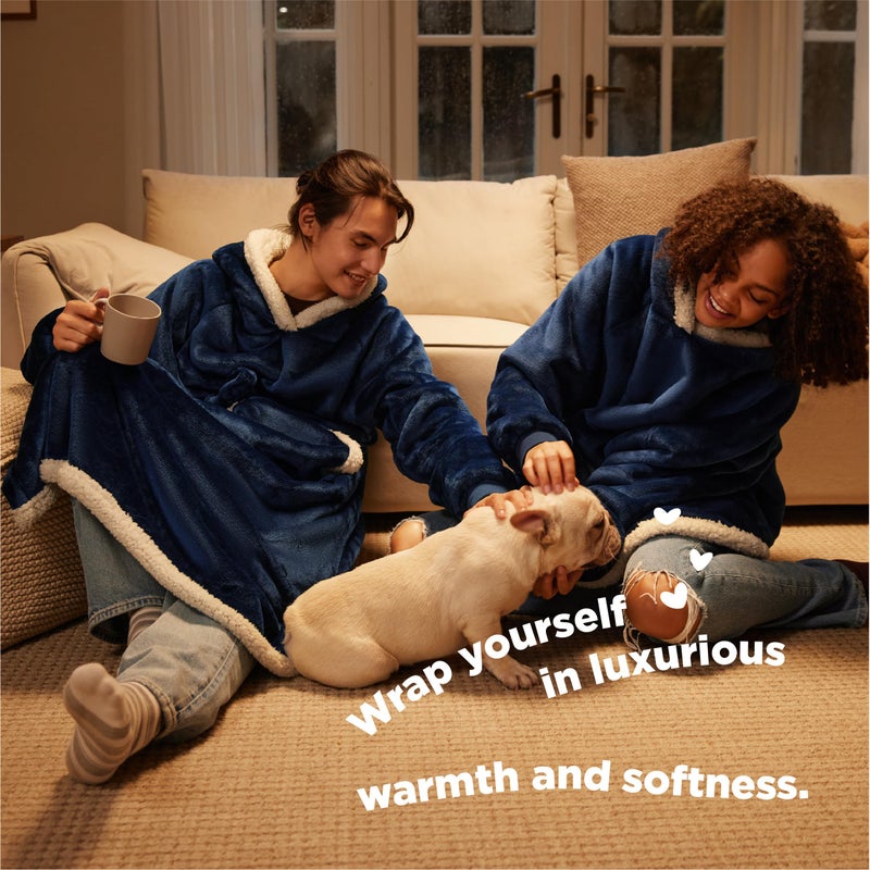Bedsure Bedsure Oversized Wearable Blanket Hoodie - Long Sherpa Fleece Hooded Blanket for Adult Women Men  Warm Cozy Big Blanket Sweatshirt with Giant Pocket and Belt  Winter Gifts for Men  Oversize  Navy  - Image 4