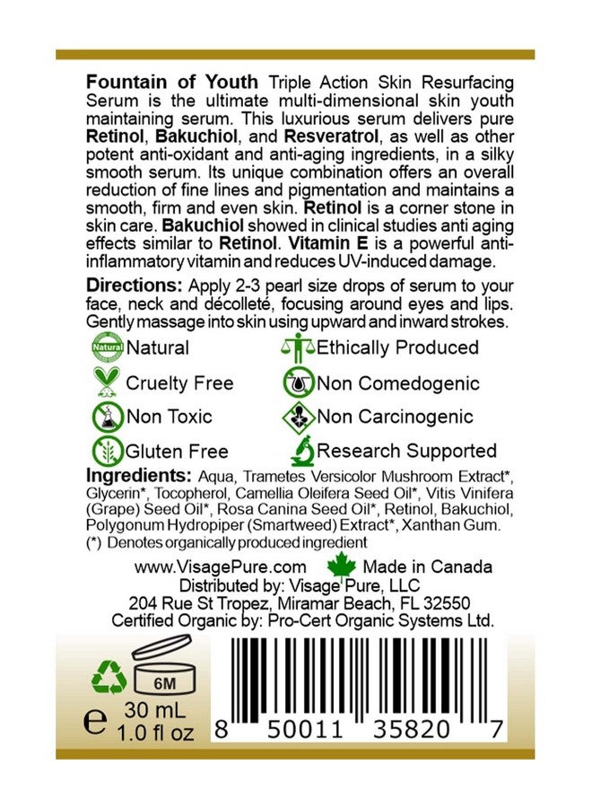 Visage Pure Fountain Of Youth Serum Organic Toxinfree Skin Serum With Retinol Bakuchiol Resveratrol Vitamin E For Resurfacing Toning And Wrinkle Repair  - Image 4