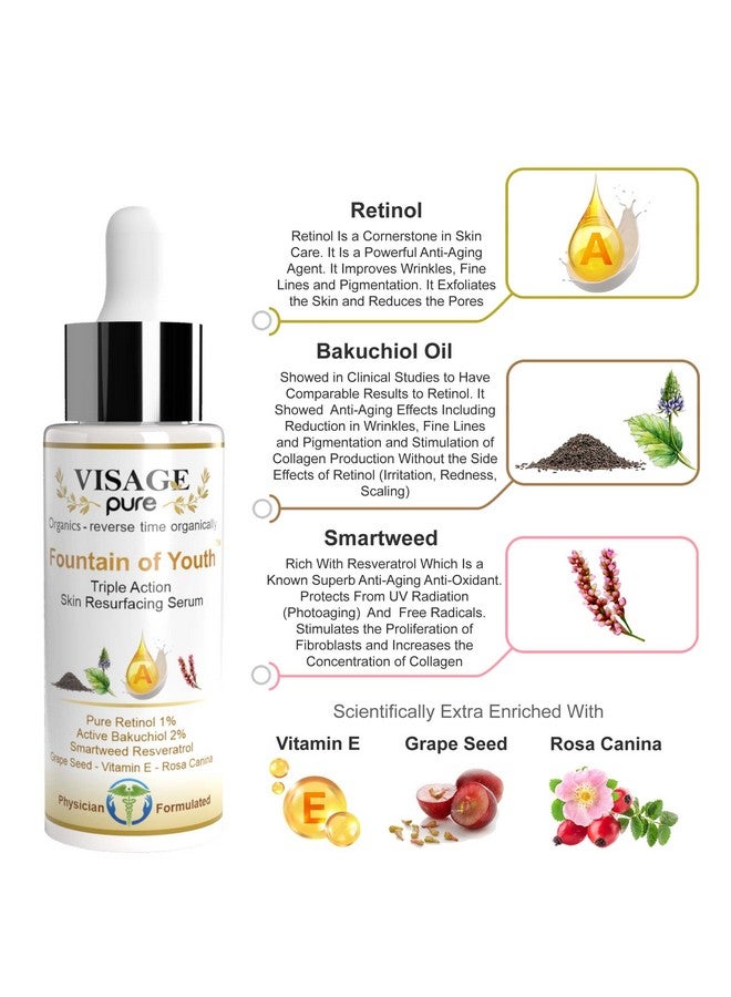 Visage Pure Fountain Of Youth Serum Organic Toxinfree Skin Serum With Retinol Bakuchiol Resveratrol Vitamin E For Resurfacing Toning And Wrinkle Repair  - Image 2