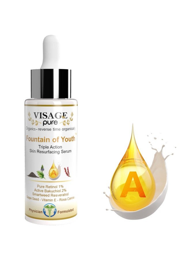 Visage Pure Fountain Of Youth Serum Organic Toxinfree Skin Serum With Retinol Bakuchiol Resveratrol Vitamin E For Resurfacing Toning And Wrinkle Repair  - Image 1