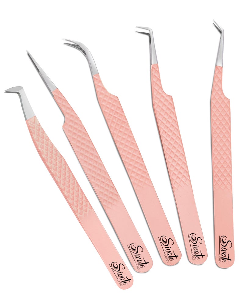 SIVOTE Lash Tweezers for Eyelash Extensions, Pack of 5 Peach â€“ Lash Extension Tweezers Set with Diamond Grip, Precision Fiber Tip for Volume Eyelash Extensions - Image 1