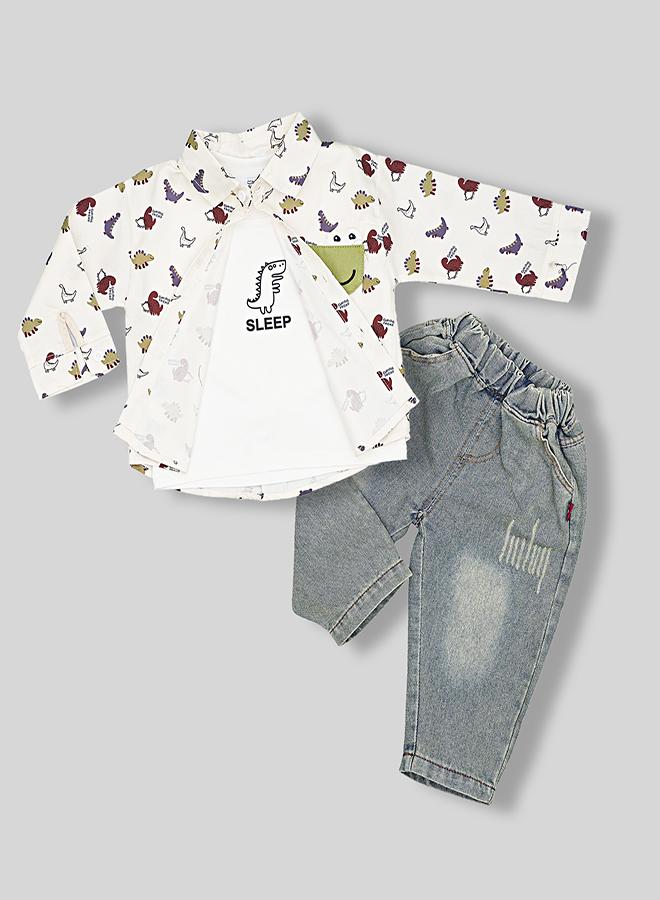 babyqlo Dinosaur Shirt With White Tee and Denim Set - Image 3
