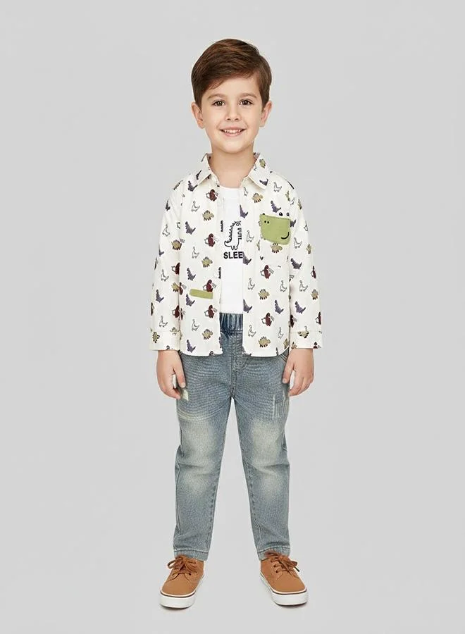 babyqlo Dinosaur Shirt With White Tee and Denim Set
