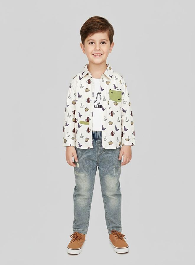 babyqlo Dinosaur Shirt With White Tee and Denim Set - Image 1