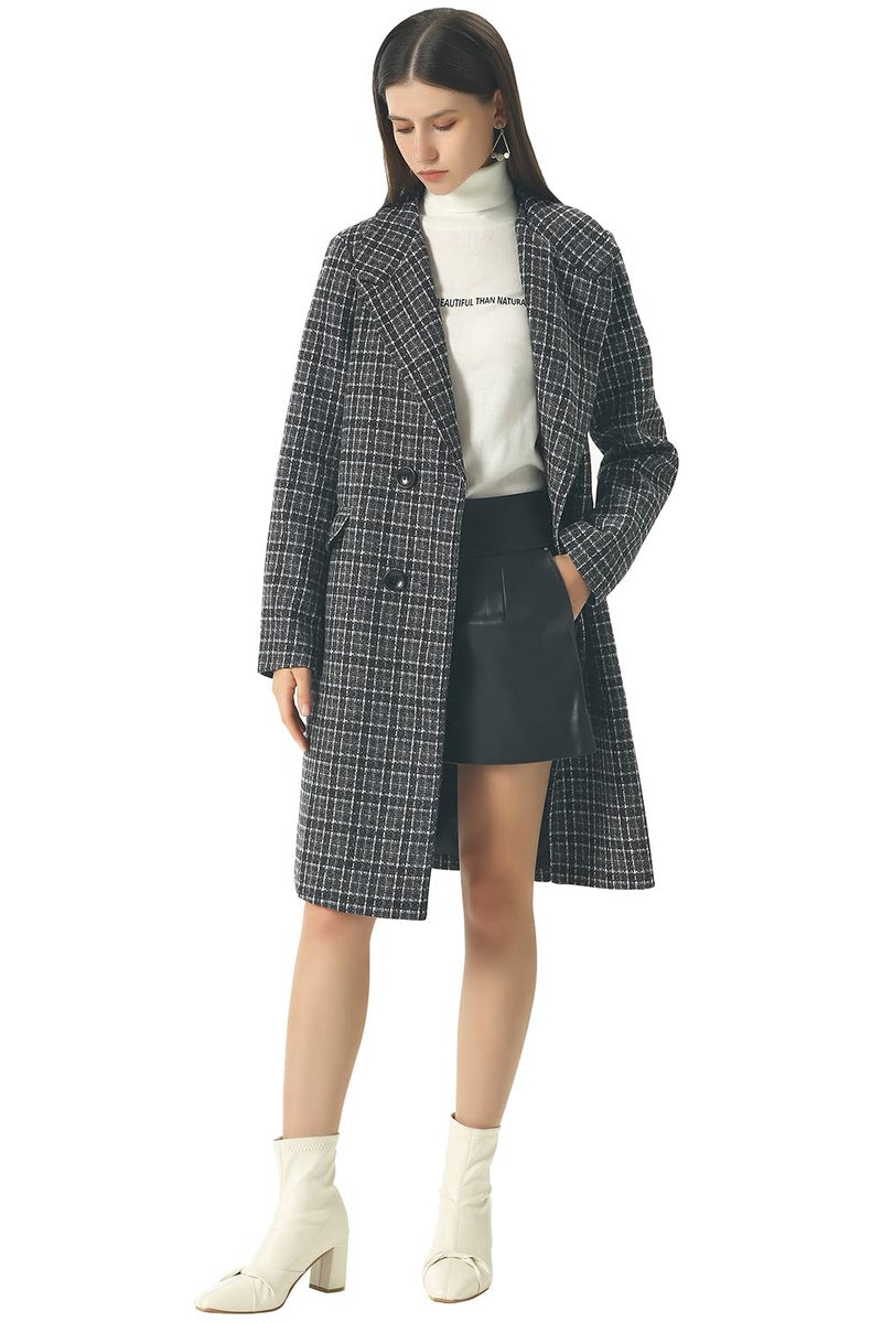 CHARTOU Womens Winter Oversize Lapel Collar Woolen Plaid Double Breasted Long Peacoat Jacket Small Black