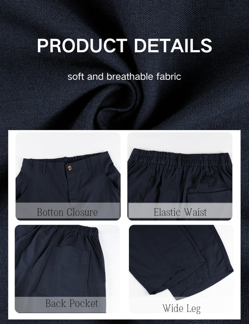 Tanming Womens Linen Pants Casual Capri Baggy Wide Leg Trousers Palazzo Pants Beach Vacation Outfits(Navy-M) - Image 4
