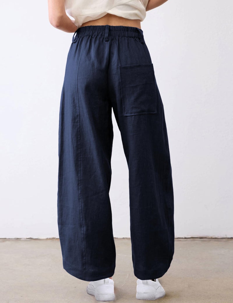 Tanming Womens Linen Pants Casual Capri Baggy Wide Leg Trousers Palazzo Pants Beach Vacation Outfits(Navy-M) - Image 3