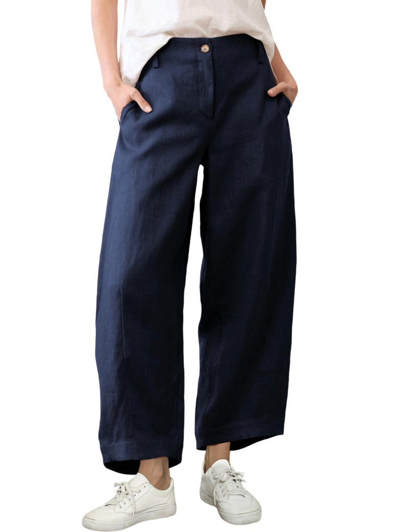 Tanming Womens Linen Pants Casual Capri Baggy Wide Leg Trousers Palazzo Pants Beach Vacation Outfits(Navy-M) - Image 1