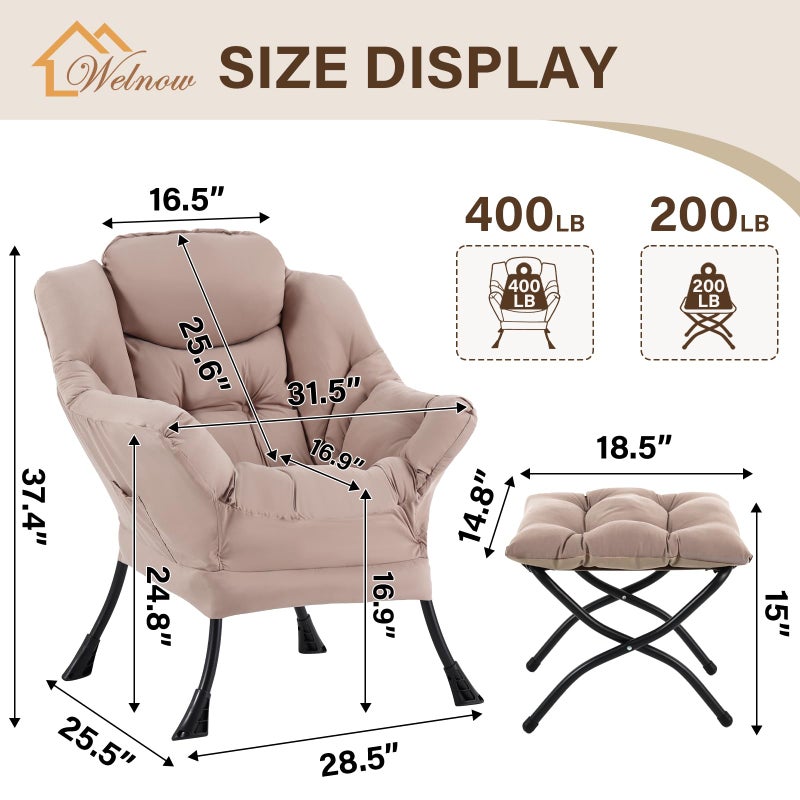Welnow Lazy Chair with Ottoman, Modern Reading Accent Chair with Armrests and a Side Pocket, Leisure Upholstered Lazy Sofa Set with Footrest for Small Space, Khaki - Image 2
