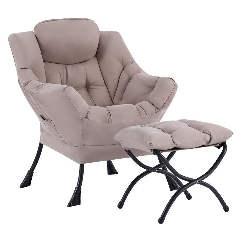 Welnow Lazy Chair with Ottoman, Modern Reading Accent Chair with Armrests and a Side Pocket, Leisure Upholstered Lazy Sofa Set with Footrest for Small Space, Khaki - Image 1