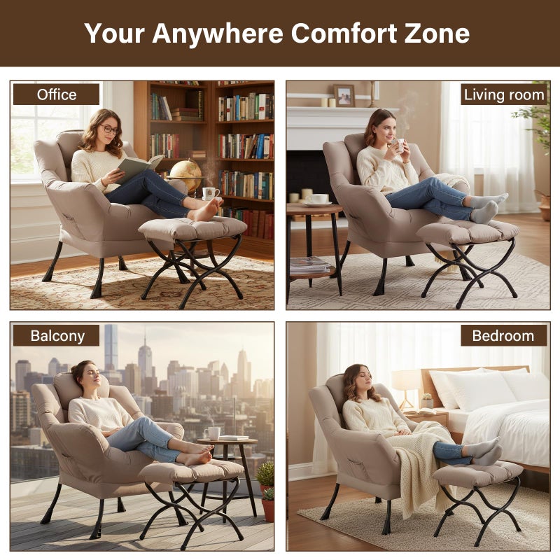 Welnow Lazy Chair with Ottoman, Modern Reading Accent Chair with Armrests and a Side Pocket, Leisure Upholstered Lazy Sofa Set with Footrest for Small Space, Khaki - Image 5