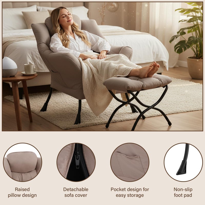 Welnow Lazy Chair with Ottoman, Modern Reading Accent Chair with Armrests and a Side Pocket, Leisure Upholstered Lazy Sofa Set with Footrest for Small Space, Khaki - Image 3