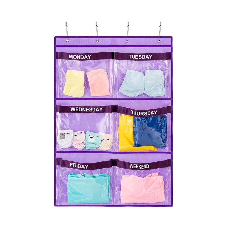 TEMUORG Weekly Clothes Organizer Day of Week School Clothing Storage Hanging Closet Organization for Kids Monday to Weekend PURPLE