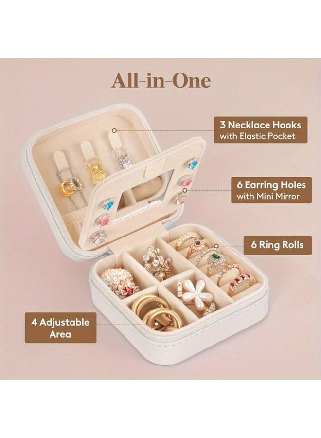 Beige Travel Jewelry Organizer With Mirror Waterproof Faux Leather Portable Jewelry Box - Image 1